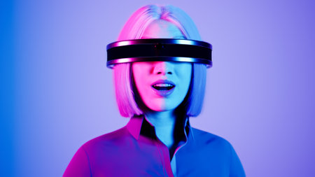 technology, online game, entertainment, virtual world in 3D simulation. millennial woman in vr glasses plays in the neon studio, 3d renderの写真素材
