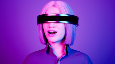 technology, online game, entertainment, virtual world in 3D simulation. millennial woman in vr glasses plays in the neon studio, 3d renderの写真素材