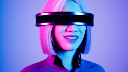 technology, online game, entertainment, virtual world in 3D simulation. millennial woman in vr glasses plays in the neon studio, 3d renderの写真素材
