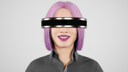 technology, online game, entertainment, virtual world in 3D simulation. millennial woman in vr glasses plays in the neon studio, 3d renderの写真素材