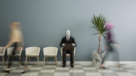 Futuristic android robot sitting on a chair and waiting for a job interview, AI and innovation concept. 3d renderの写真素材