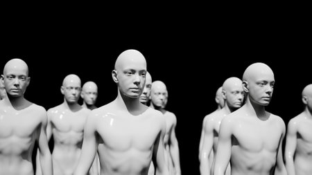 Army of robots. A crowd of cyborg workers marching in formation. 3D renderの写真素材