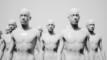 Army of robots. A crowd of cyborg workers marching in formation. 3D renderの写真素材