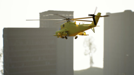 Yellow helicopter during a rescue operation in the city. 3d render