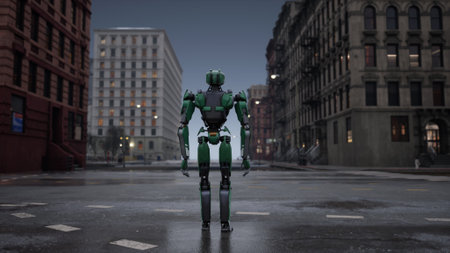 robot walking along a deserted street in a big city. humanoid AI robot crossing street. 3d animationの写真素材