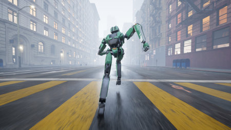 The humanoid AI robot runs along a deserted street in a big city. 3d render. future conceptの写真素材