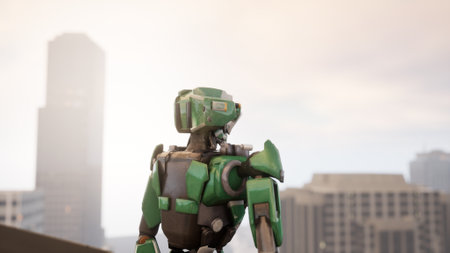 robot on the roof of a skyscraper looking at the metropolis. 3d render. future conceptの写真素材