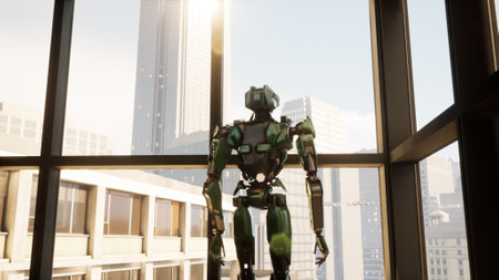 Robot in a spacious office with panoramic windows, looking out the window at the skyscrapers, futureの写真素材