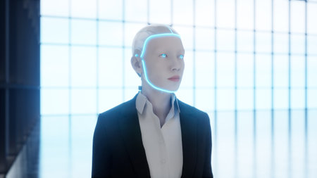 A robot humanoid staying in the empty office and looking out the window at the big city. futureの写真素材