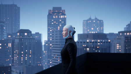 a female humanoid robot at the buildings roof looking at the big night city. future technologyの写真素材