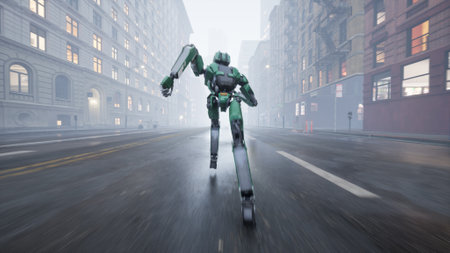 The humanoid AI robot runs along a deserted street in a big city. 3d render. future conceptの写真素材