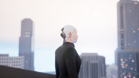 a female humanoid robot at the buildings roof looking at the big city. future technology concept