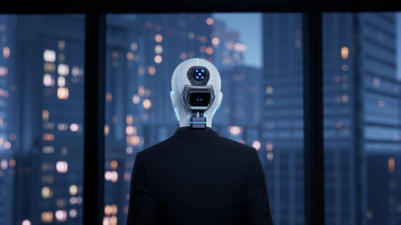 A robot humanoid staying in the empty office and looking out the window at the big night cityの写真素材
