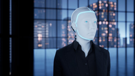 A robot humanoid staying in the empty office and looking out the window at the big night cityの写真素材