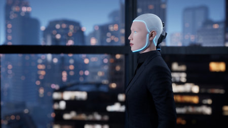 A robot humanoid staying in the empty office and looking out the window at the big night city