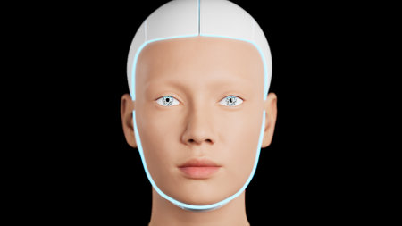 Stylish handsome cyborg head rotating. 3d render of Futuristic womanの写真素材