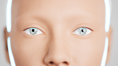 Stylish handsome cyborg head rotating. 3d render of Futuristic womanの写真素材
