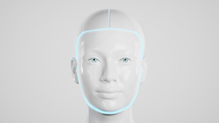 Stylish handsome cyborg head rotating. 3d render of Futuristic womanの写真素材