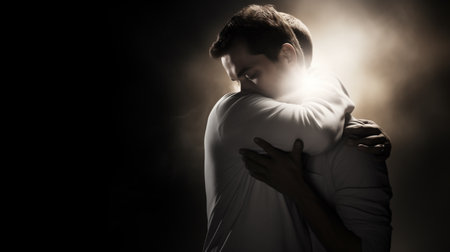 two men embracing, group supportの素材