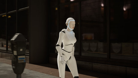 humanoid robot walking along a street in a big city. AI robot crossing street. 3d animation