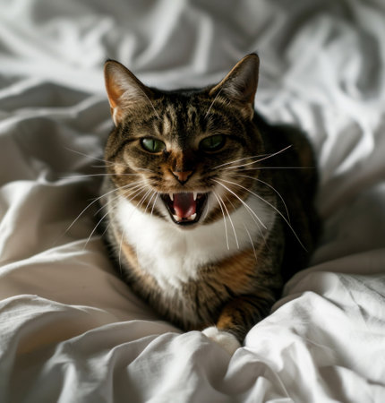 the cat is on a white bed.の素材