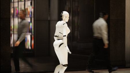 female robot walking along a street in a big city. humanoid AI robot crossing street. 3d render