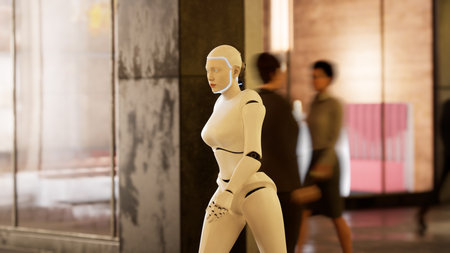 female robot walking along a street in a big city. humanoid AI robot crossing street. 3d render