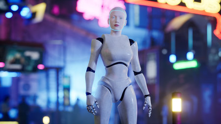 female robot walking along a street in a big city. humanoid AI robot crossing street. 3d render