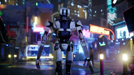 robot walking along a street in a big city. humanoid AI robot crossing street. 3d render. future