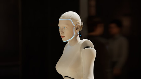 female robot walking along a street in a big city. humanoid AI robot crossing street. 3d render