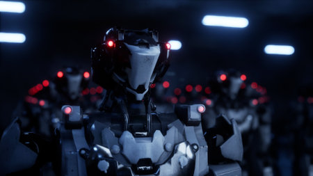 3d rendering of walking robotics army, industrial group of cyborg machines on white and green screen