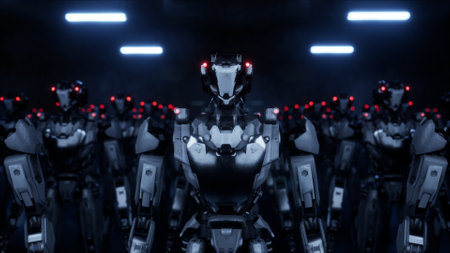 3d rendering of walking robotics army, industrial group of cyborg machines on white and green screen