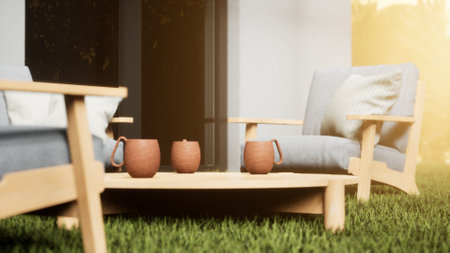 design and furniture in modern patio. 3d render