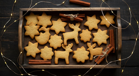 Christmas cookies in the shape of a deer, cinnamon, star and anise on a black wooden background.の素材