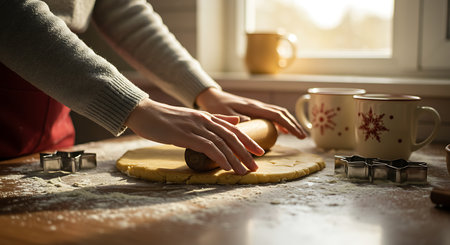Close-up of woman kneading dough for christmas cookiesの素材