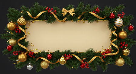 Christmas background with fir tree branches, baubles and golden ribbon.の素材