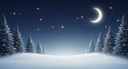 Winter landscape with snow covered fir trees and moon. EPS10 vector.の素材