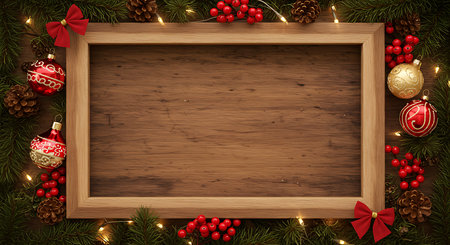 Christmas background with fir branches, pine cones, red berries and wooden frame.の素材