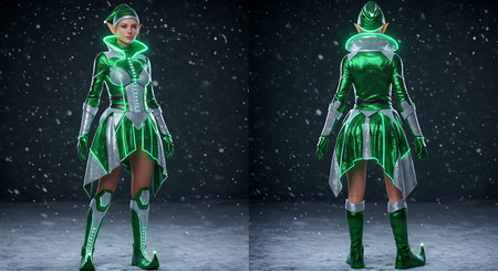 3D Illustration of a Fantasy Female Figure with Green Costume and Black Backgroundの素材