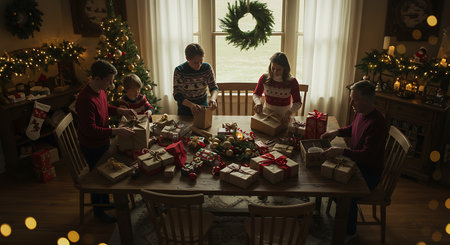 Family exchanging Christmas presents at home in the living room at Christmas timeの素材