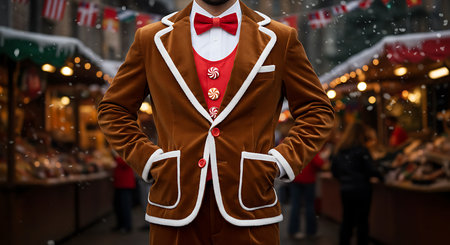 Mannequin wearing coat and bow tie at Christmas market in Londonの素材