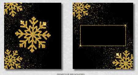 Golden glittering snowflakes on black background. Merry Christmas and Happy New Year greeting card.の素材