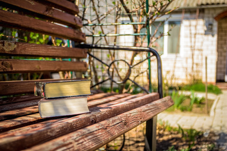 Two books lying on a wooden bench in the bright spring sunny dayの写真素材