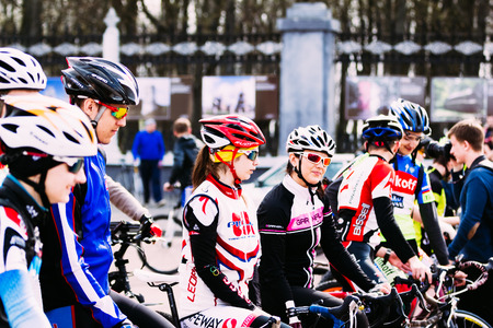 Gomel, Belarus - April 10, 2015: Beautiful girl bicyclists sportsmen at the opening of cycling season in Gomelのeditorial素材