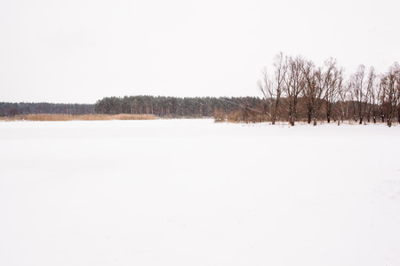 River covered with snow with a forest in the background during a snowfallの写真素材