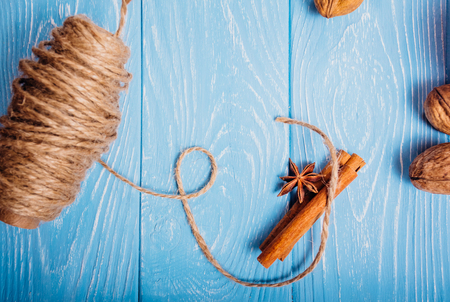 Rope of a rope on a blue wooden backgroundの写真素材