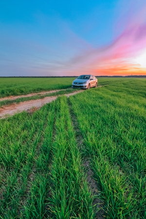 Car Volkswagen Polo Vento on a country road against the backdropのeditorial素材