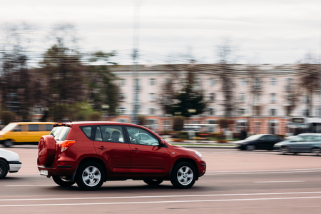 Mitsubishi red in the city. Gomel, Belarusのeditorial素材