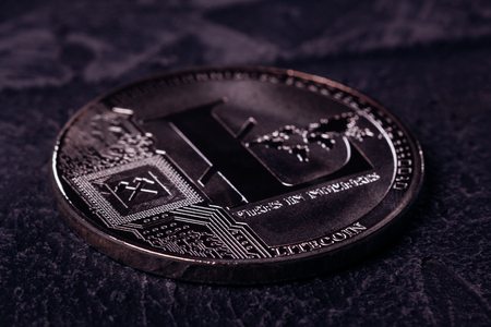 Metal coin of crypto currency Litecoin close-upの写真素材