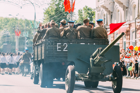 Gomel, Belarus - May 9, 2018: Soldiers of the Red Army of the USSR travel by truck in the city of Gomel on the parade On Victory Day May 9のeditorial素材